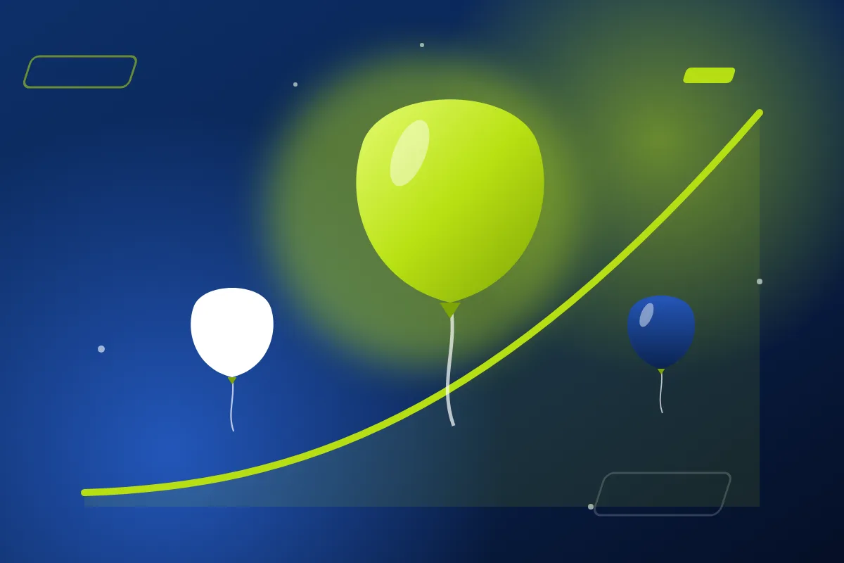 Ilustración de un globo que sube sobre una curva creciente